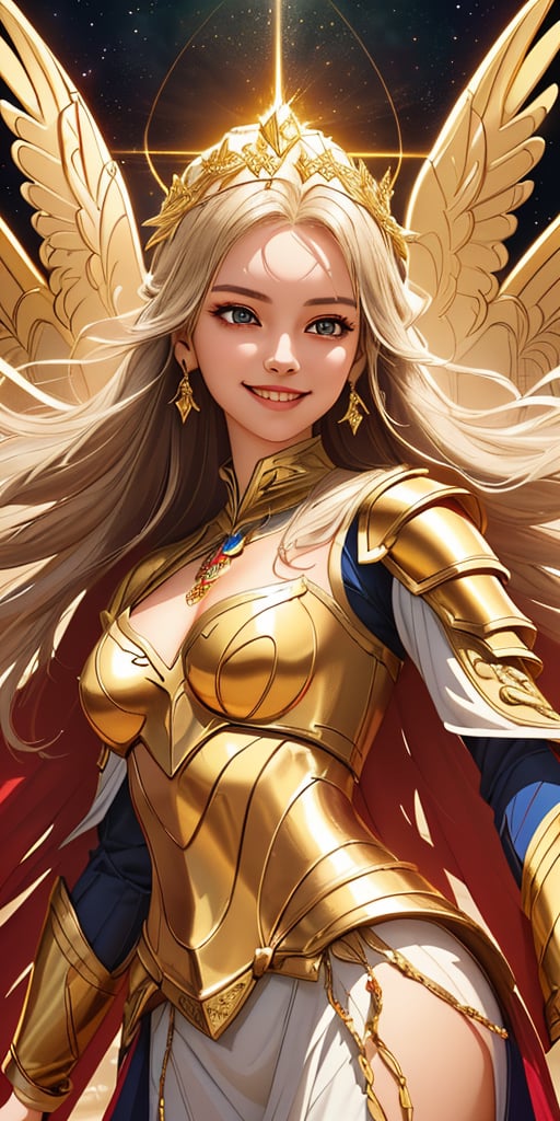 A radiant divine goddess stands victorious on a fantasy battlefield, her beautiful face aglow with a warm smile. She wears an elegant 2-piece outfit, shining like polished armor in the soft, golden lighting of magic. Her beauty is breathtakingly detailed, as if rendered in high-res glory at 3K resolution.