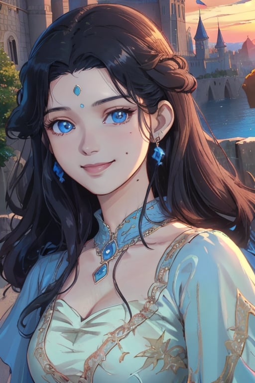 woman, beauty , smiling , .divine magic ,blue elegant dress princess,,   castle, sunset, ,,fantasy , masterpiece , sharp eyes, detailed,highres, realistic, jewelry,anime ,detailed face , 8k, masterpiece,anime full length