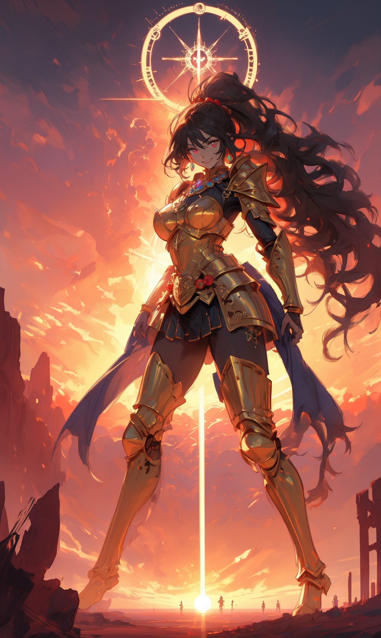 woman, beauty , smiling  , ,warrior , armour ,, magic circle in background  ruined  battle  , sunset ,horizon apocalyptic ,,fantasy , masterpiece , sharp eyes, detailed,highres, realistic, jewelry,anime ,detailed 2k, masterpiece