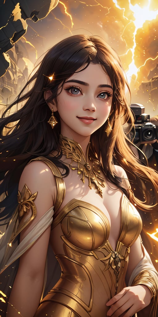 A stunning cinematic masterpiece unfolds: a beautiful woman with a radiant smile sits majestically on a war-torn battlefield, her divine goddess-like presence illuminated by soft, golden lighting that casts an otherworldly glow. The camera pans across her flawless face, capturing the intricate details of her features in breathtaking 3K resolution, as if suspended in time amidst the chaos and destruction surrounding her.