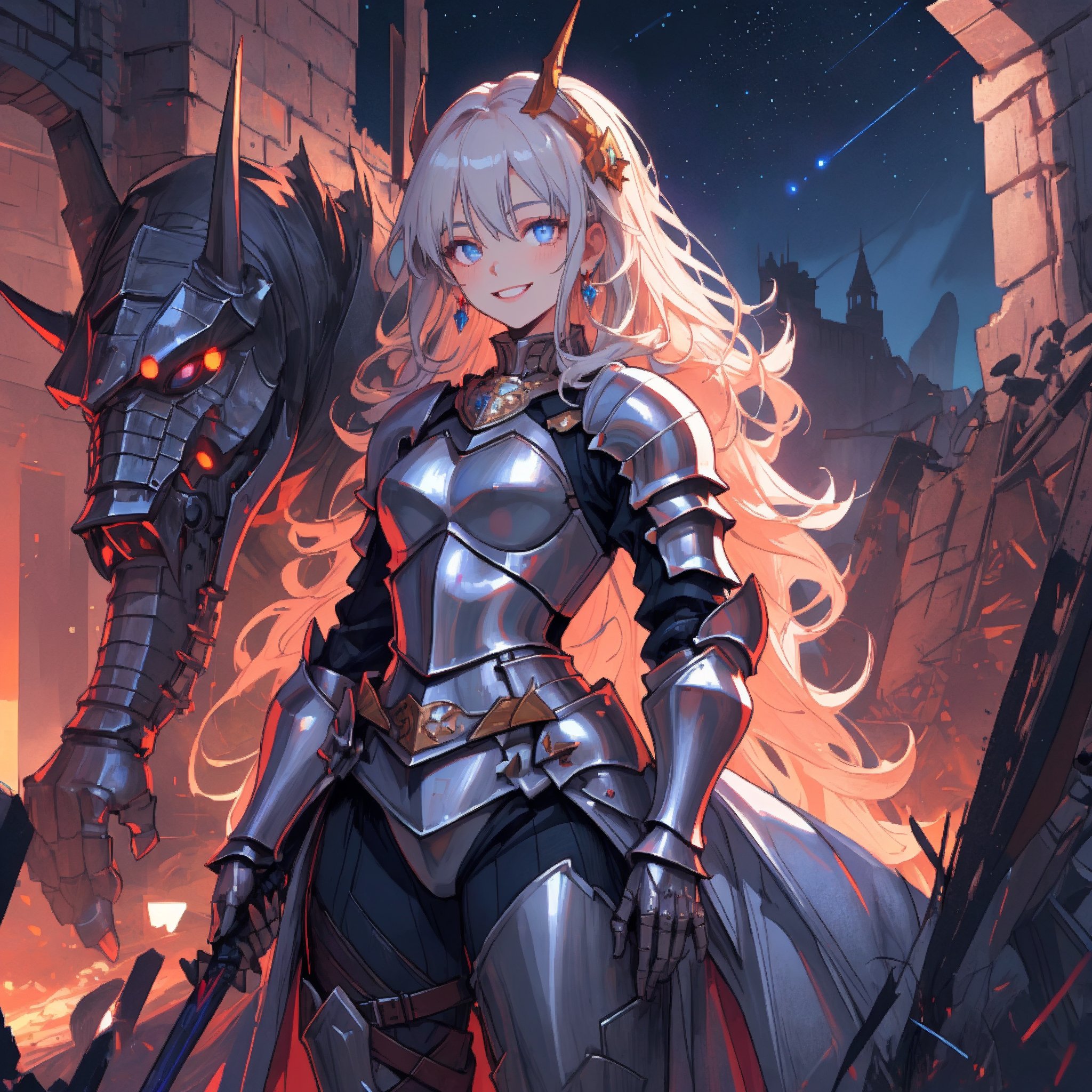 woman, beauty , smiling , .divine magic , blue 2 piece armoured knight ,, ruined  castle, night sky ,destroyed ,apocalyptic ,,fantasy , masterpiece , sharp eyes, detailed,highres, realistic, jewelry,anime ,detailed 2k, masterpiece