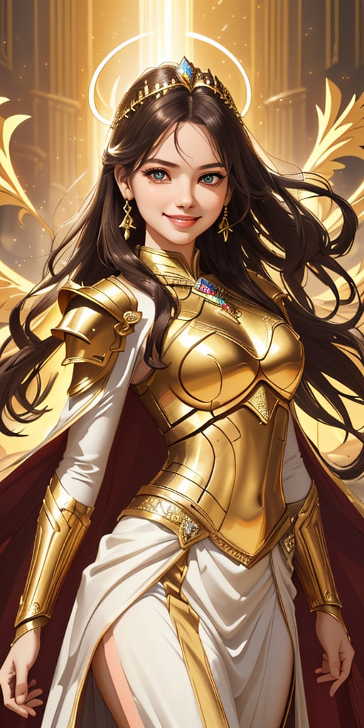 A radiant divine goddess stands victorious on a fantasy battlefield, her beautiful face aglow with a warm smile. She wears an elegant 2-piece outfit, shining like polished armor in the soft, golden lighting of magic. Her beauty is breathtakingly detailed, as if rendered in high-res glory at 3K resolution.