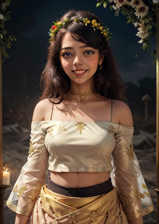 solo ,women,beautiful face, smiling , hot, lehenga,white blouse ,glistening golden border, net sleeves, cold shoulder,red skirt, hand work,flower design on skirt, garland over head, flower crown, , ,dark lighting, ,battlefield,dark magic,standing pose, cinematic .masterpiece high res ,detailed, 8k 