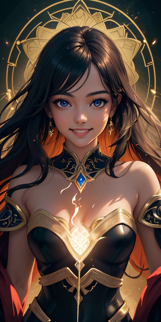 A radiant divine sorceress stands victorious on a fantasy battlefield, her beautiful face aglow with a warm smile. She wears an elegant 2-piece black dress shining radiating dark magic  , weilding lighting . Her beauty is breathtakingly detailed, as if rendered in high-res glory at 3K resolution.