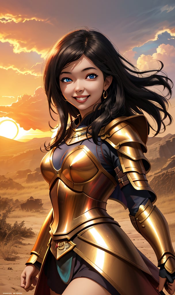 woman, mouk beauty , smiling  , ,warrior , armour ,, magic circle in background  ruined  battle  , sunset ,horizon apocalyptic ,,fantasy , masterpiece , sharp eyes, detailed,highres, realistic, jewelry,anime ,detailed 2k, masterpiece