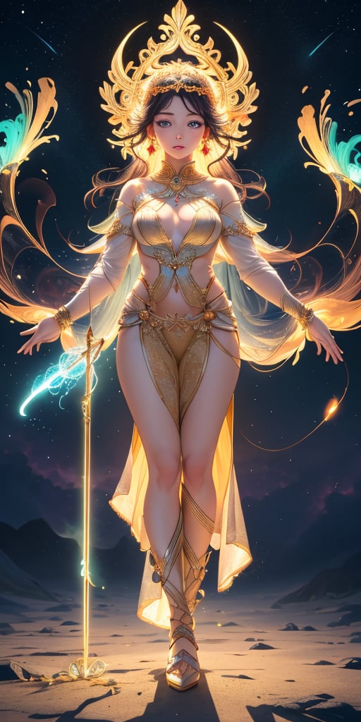 In a vivid dawn-of-time scenario, a divine goddess descends onto a mystical realm, her star-born essence glowing ethereal. Standing tall, she radiates an otherworldly aura against a swirling nebula backdrop, distant stars twinkling softly. The goddess assumes a regal pose, delicate fingers grasping the cosmic staff, bathed in ambient light pulsing with creation's rhythm.