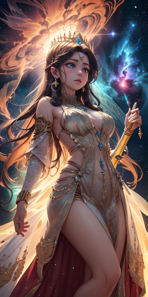 In a vivid dawn-of-time scenario, a divine goddess descends onto a mystical realm, her star-born essence glowing ethereal. Standing tall, she radiates an otherworldly aura against a swirling nebula backdrop, distant stars twinkling softly. The goddess assumes a regal pose, delicate fingers grasping the cosmic staff, bathed in ambient light pulsing with creation's rhythm.