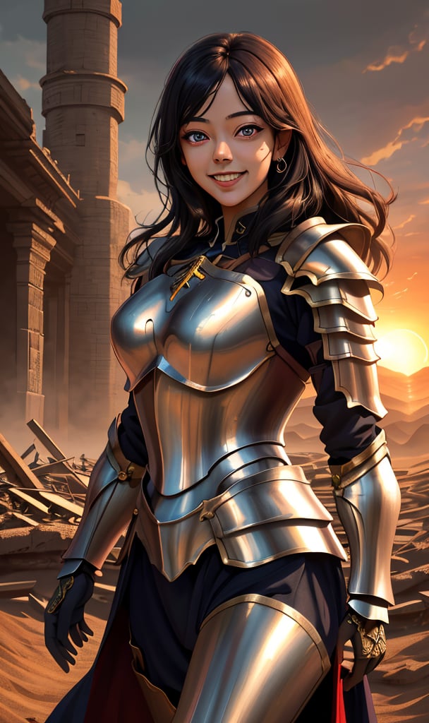 woman, sadiyaa, beauty , smiling  , ,warrior , armour ,, magic circle in background  ruined  battle  , sunset ,horizon apocalyptic ,,fantasy , masterpiece , sharp eyes, detailed,highres, realistic, jewelry,anime ,detailed 2k, masterpiece