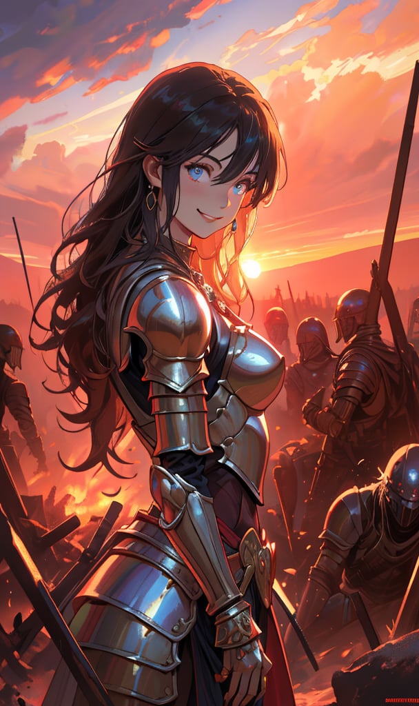 woman, beauty , smiling  , ,warrior , armour ,, magic circle in background , ruined  battlefield , sunset ,detroyed moutain ,apocalyptic ,,fantasy , masterpiece , sharp eyes, detailed,highres, realistic, jewelry,anime ,detailed 2k, masterpiece