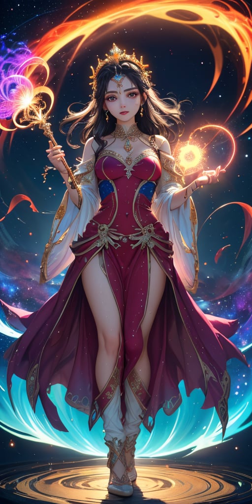 In a vivid dawn-of-time scenario, a divine goddess descends onto a mystical realm, her star-born essence glowing ethereal. Standing tall, she radiates an otherworldly aura against a swirling nebula backdrop, distant stars twinkling softly. The goddess assumes a regal pose, delicate fingers grasping the cosmic staff, bathed in ambient light pulsing with creation's rhythm.