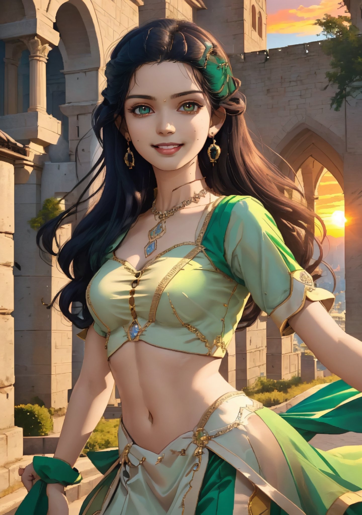 woman, beauty , smiling , .divine magic ,green elegant outfit dancer ,,   castle, sunset, ,,fantasy , masterpiece , sharp eyes, detailed,highres, realistic, jewelry,anime ,detailed face , 8k, masterpiece,anime