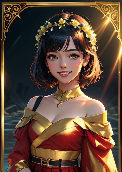 solo ,women,beautiful face, smiling , hot, black top,glistening golden border, net sleeves, cold shoulder,red skirt, hand work,flower design on skirt, garland over head, flower crown, , ,dark lighting, ,battlefield,dark magic,standing pose, cinematic .masterpiece high res ,detailed, 8k 