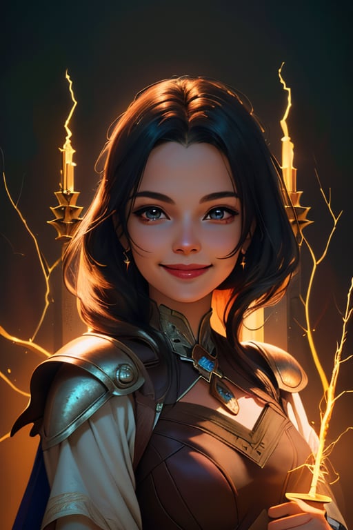 women,  beautiful face, smiling, dark warrior goddess, divine magic,lighting,cinematic .masterpiece high res ,detailed, 4k, 