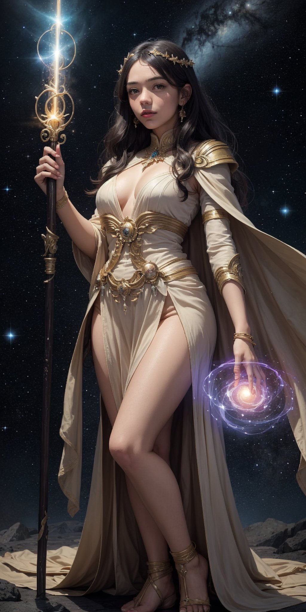 In a breathtaking dawn of time, near the edge of the galaxy where stars and galaxies coalesce, the divine goddess descends onto a mystical realm. The star-born goddess, imbued with the essence of grace, stands tall, her ethereal aura radiating an otherworldly glow. Wielding the ancient power of lost magic, she assumes a regal pose, her delicate fingers grasping the cosmic staff. Against a backdrop of swirling nebulae and distant stars, this fantasy masterpiece unfolds, as the goddess's celestial form is bathed in an ambient light that seems to pulse with the rhythm of creation itself.