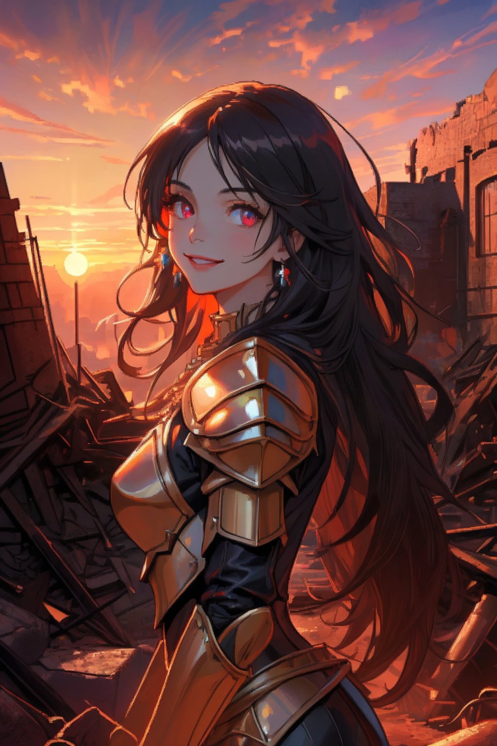 woman, beauty , smiling , .divine magic , black  2 piece armour ,, ruined  castle, sunset,destroyed ,apocalyptic ,,fantasy , masterpiece , sharp eyes, detailed,highres, realistic, jewelry,anime ,detailed face , 8k, masterpiece