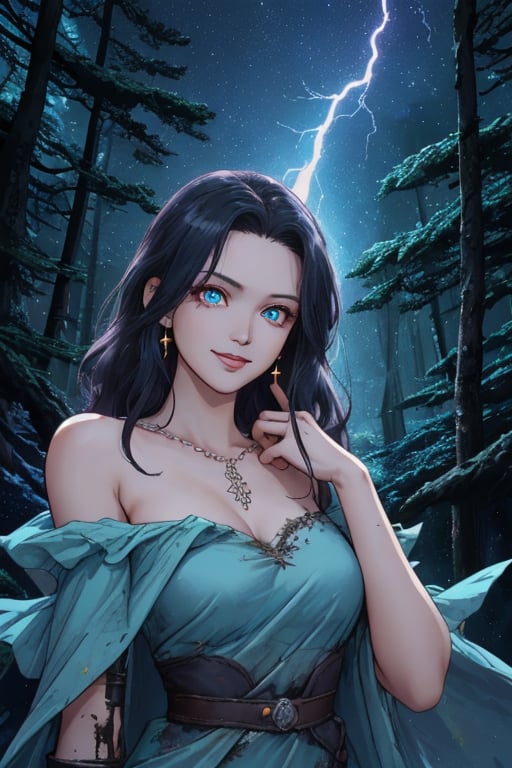 starry sky ,dark forest , ruined robot background, scifi, apocalyptic ,lightening ,background woman, kerthana ,beauty , smiling ,sorceress ,,crystal blue,bare shoulder, ,fighting , demons ,fantasy , masterpiece , sharp eyes, detailed,highres, realistic, jewelry,anime