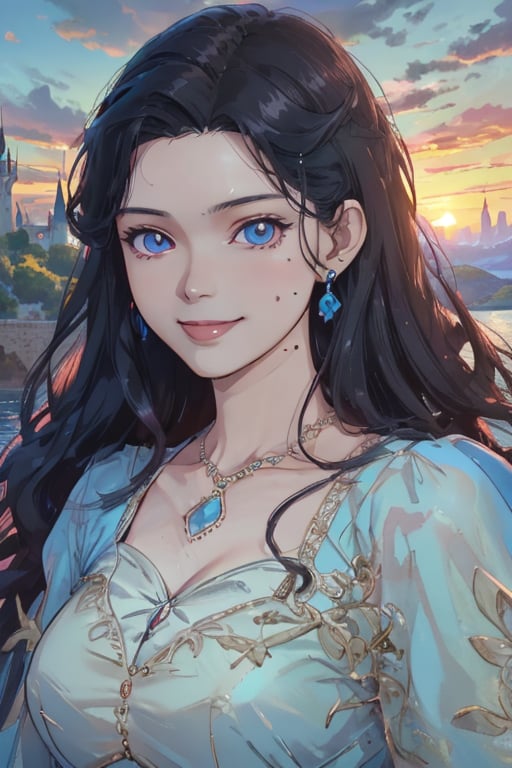 woman, beauty , smiling , .divine magic ,blue elegant dress princess,,   castle, sunset, ,,fantasy , masterpiece , sharp eyes, detailed,highres, realistic, jewelry,anime ,detailed face , 8k, masterpiece,anime full length