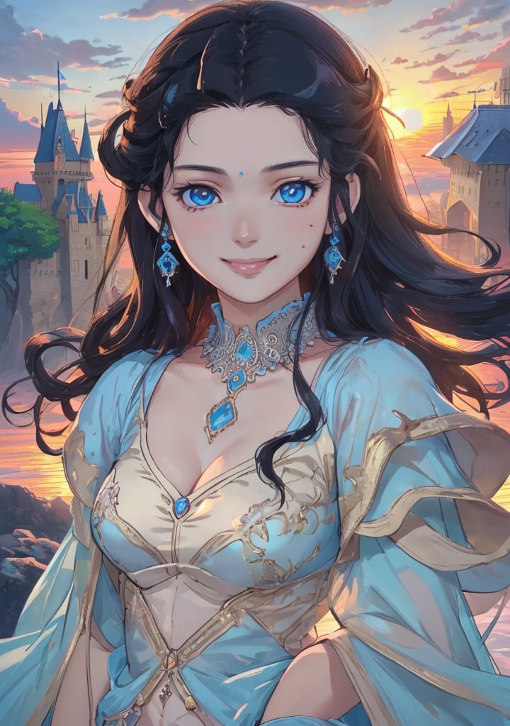 woman, beauty , smiling , .divine magic ,blue elegant outfit princess,,   castle, sunset, ,,fantasy , masterpiece , sharp eyes, detailed,highres, realistic, jewelry,anime ,detailed face , 8k, masterpiece,anime