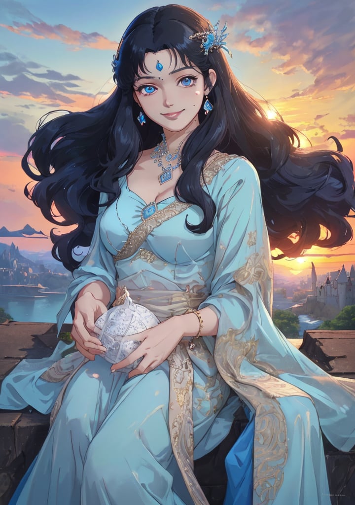 woman, beauty , smiling , .divine magic ,blue elegant dress princess,,   castle, sunset, ,,fantasy , masterpiece , sharp eyes, detailed,highres, realistic, jewelry,anime ,detailed face , 8k, masterpiece,anime full length