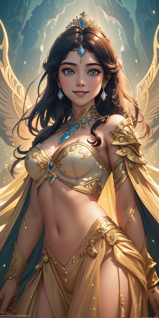 A majestic, elegant traditional princess stands proudly on a fantasy battlefield, her beautiful face radiating with a divine goddess-like smile. She wears a stunning 2-piece outfit, exuding beauty and poise as she surveys the mystical landscape. Soft, golden lighting imbues the scene with magic, while detailed textures and 3K resolution render every aspect of this cinematic masterpiece in high definition.