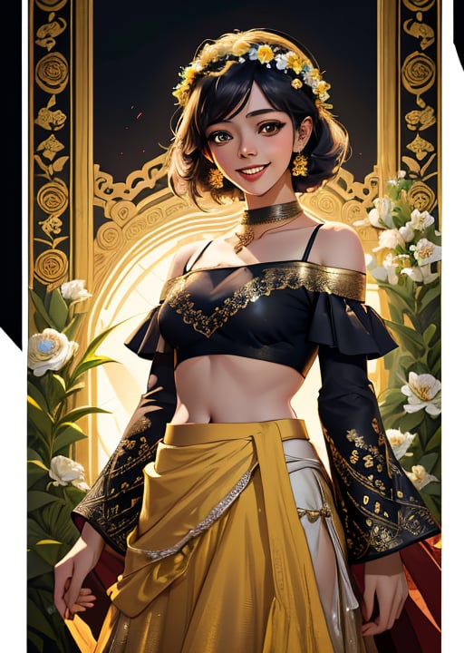 solo ,women,beautiful face, smiling , hot, lehenga,black top,glistening golden border, net sleeves, cold shoulder,red skirt, hand work,flower design on skirt, garland over head, flower crown, , ,dark lighting, ,battlefield,dark magic,standing pose, cinematic .masterpiece high res ,detailed, 8k 