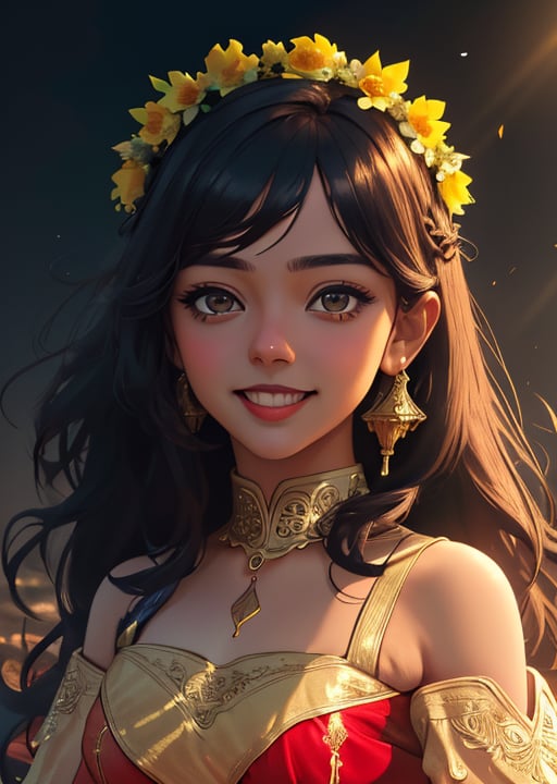 solo ,women,beautiful face, smiling , hot, lehenga,black top,glistening golden border, net sleeves, cold shoulder,red skirt, hand work,flower design on skirt, garland over head, flower crown, , ,dark lighting, ,battlefield,dark magic,standing pose, cinematic .masterpiece high res ,detailed, 8k 