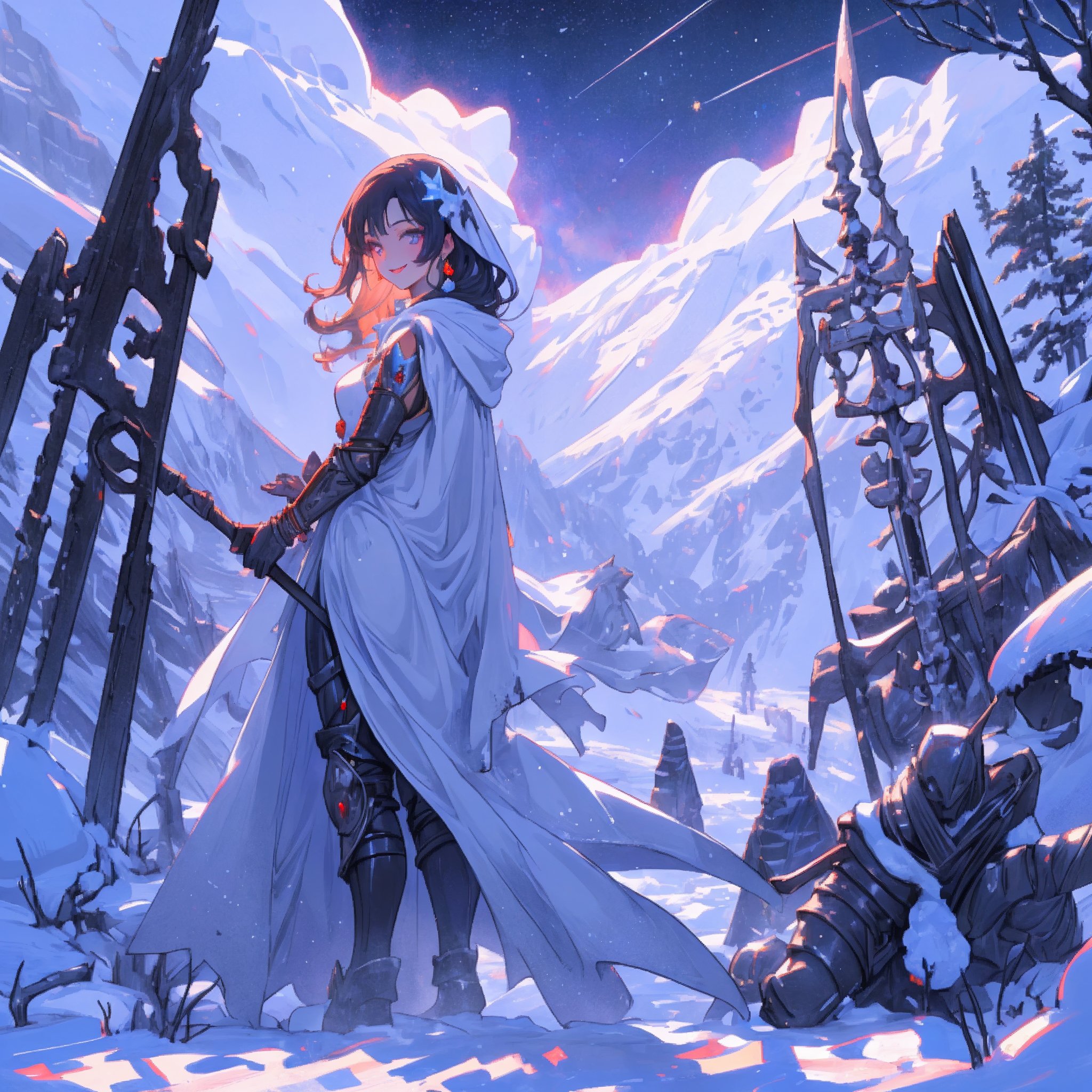 woman, beauty , smiling ,sorceress casting .divine magic , snow background , ruined  battlefield , night sky ,destroyed mountain ,apocalyptic ,,fantasy , masterpiece , sharp eyes, detailed,highres, realistic, jewelry,anime ,detailed 2k, masterpiece