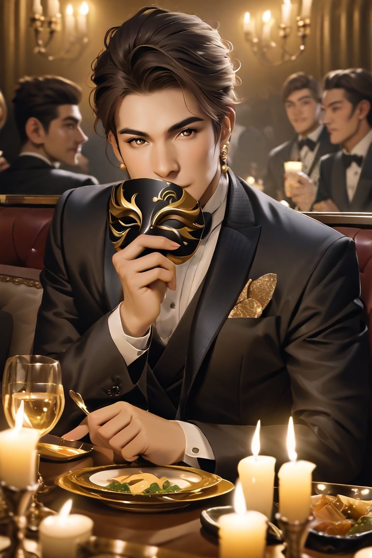 score_9, score_8_up, score_7_up, score_6_up, elegant handsome young men wearing a black evening suit and gold pearl earrings, sitting at a table with candlelight, luxurious restaurant, holding a mask on his face, realistic style, best quality, amazing quality, best aesthetic, absurdres