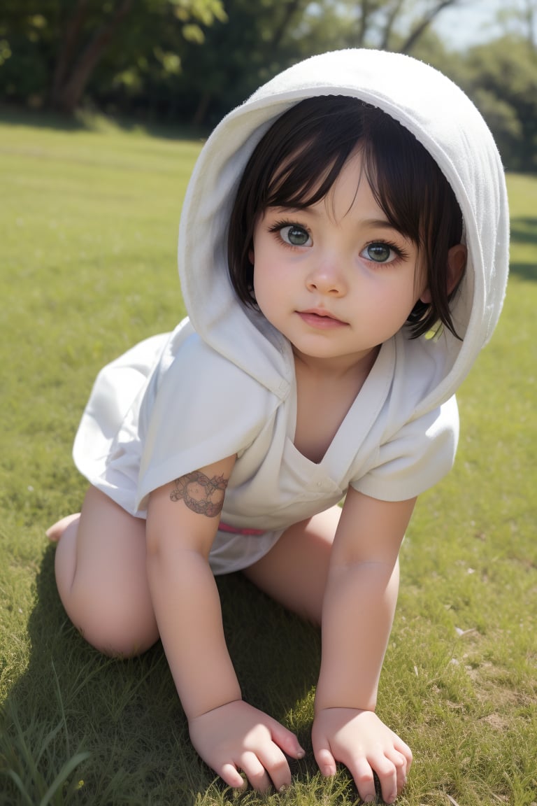 **Diaper Cover:** A diaper-clad baby crawling on a soft, green grassy area, wearing a simple diaper cover and a matching hat, under natural lighting with a blurred background.


