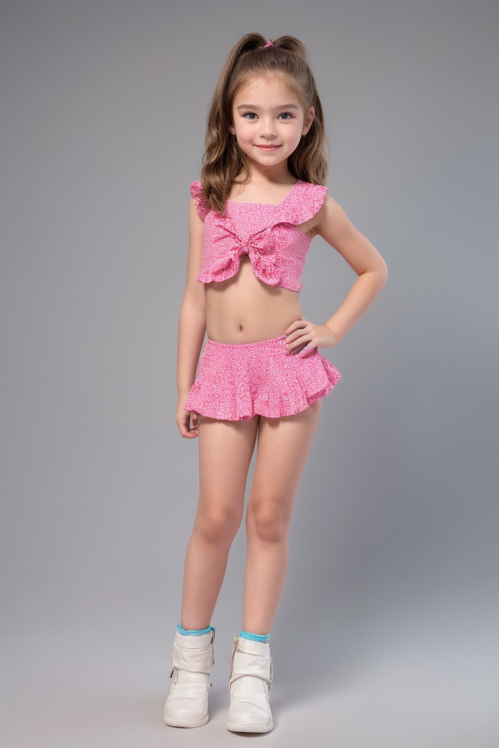 A young girl, around 11 years old, with a petite build and a mini-style, stands in alluring pose and the legs are slightly open. childish colorful wear 