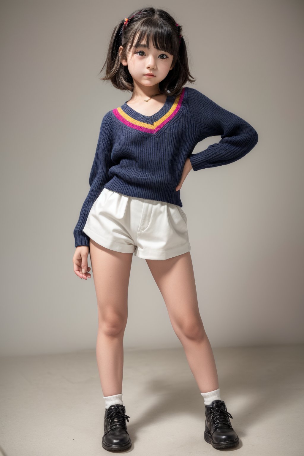 A young girl, around 13 years old, with a petite build and a mini-style, stands in alluring pose and the legs are slightly open. childish colorful wear 