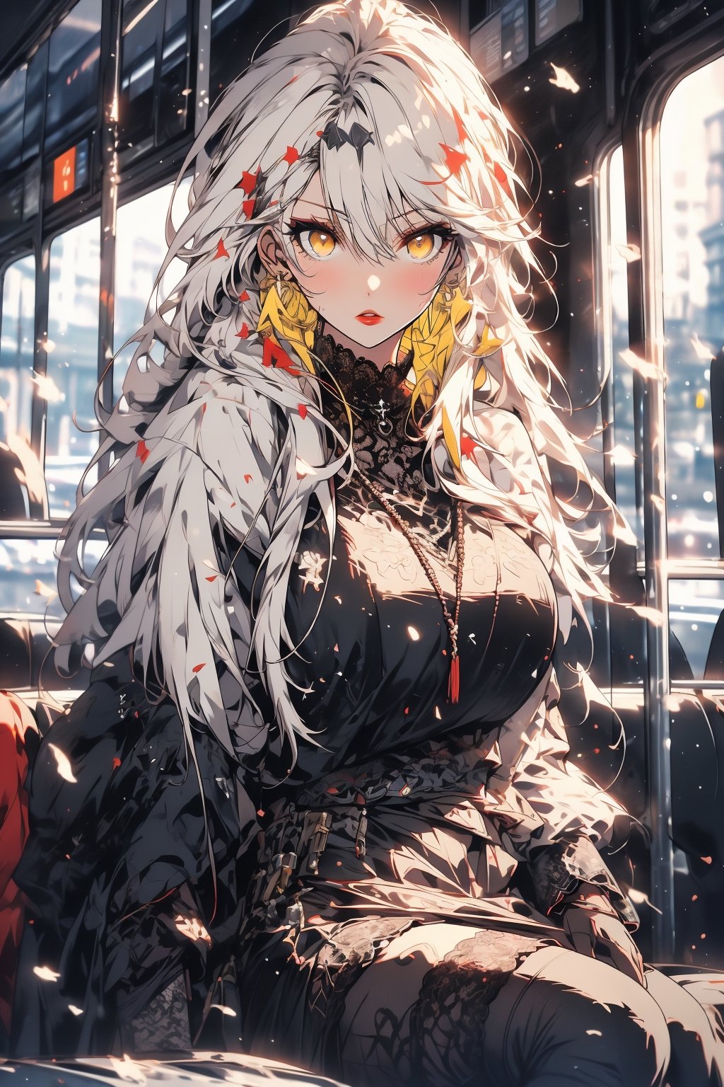 {{{{masterpiece}}}}, best quality, extremely detailed CG unity 8k wallpaper, cinematic lighting, thin red lips, a girl sitting on in a bus, upper body, red pupils, {{{{long Straight white hair}}}}, ((yellow eyes that have lost their hazy)), muddy light, black and white dress, lace black long skirt, long black thigh stockings, Metropolitan Background, 8k, UHD, HDR,(Masterpiece:1.5), (best quality:1.5)