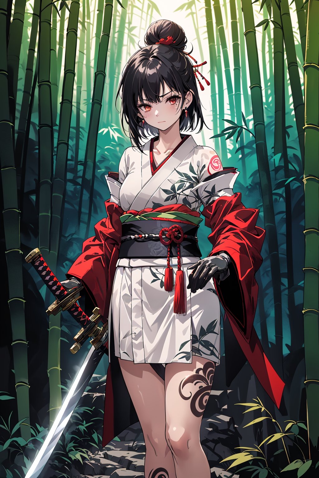 1girl, solo, short hair, bangs, black hair, gloves, long sleeves, holding, jewelry, closed mouth, standing, collarbone, weapon, earrings, outdoors, japanese clothes, sword, wide sleeves, kimono, off shoulder, hair bun, holding weapon, sash, tattoo, holding sword, obi, single hair bun, katana, sheath, nature, red gloves, forest, bamboo, leg tattoo, bamboo forest