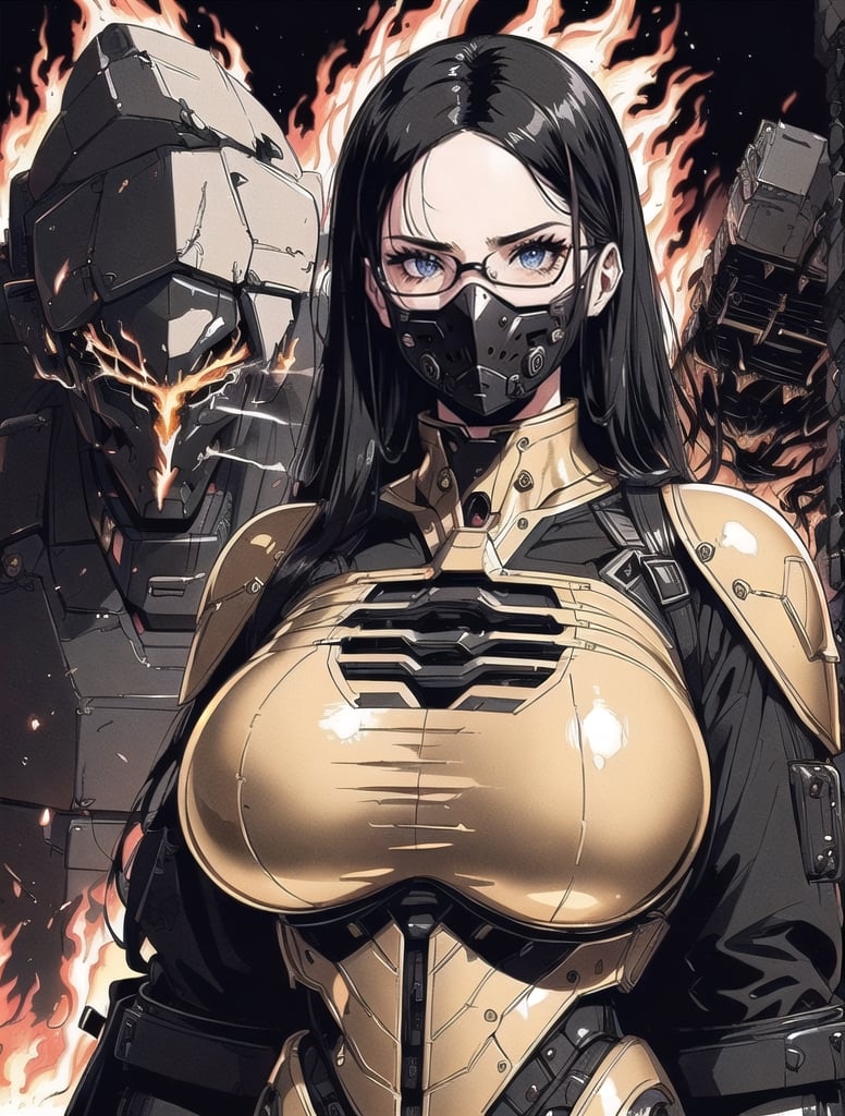 a girl, ((wearing a reflexive black mask)), ((25 year old)),  korean, ((long black hair)), threatening eyes, wearing a golden futuristic space costume with golden details: 1.8, ((black glasses)), ((looking at the viewer)), ((two giant robot with a threatening appearence: 1.3), front view, frontal body, ((wide shot)), (((big flames in the background))), ((intricate details))