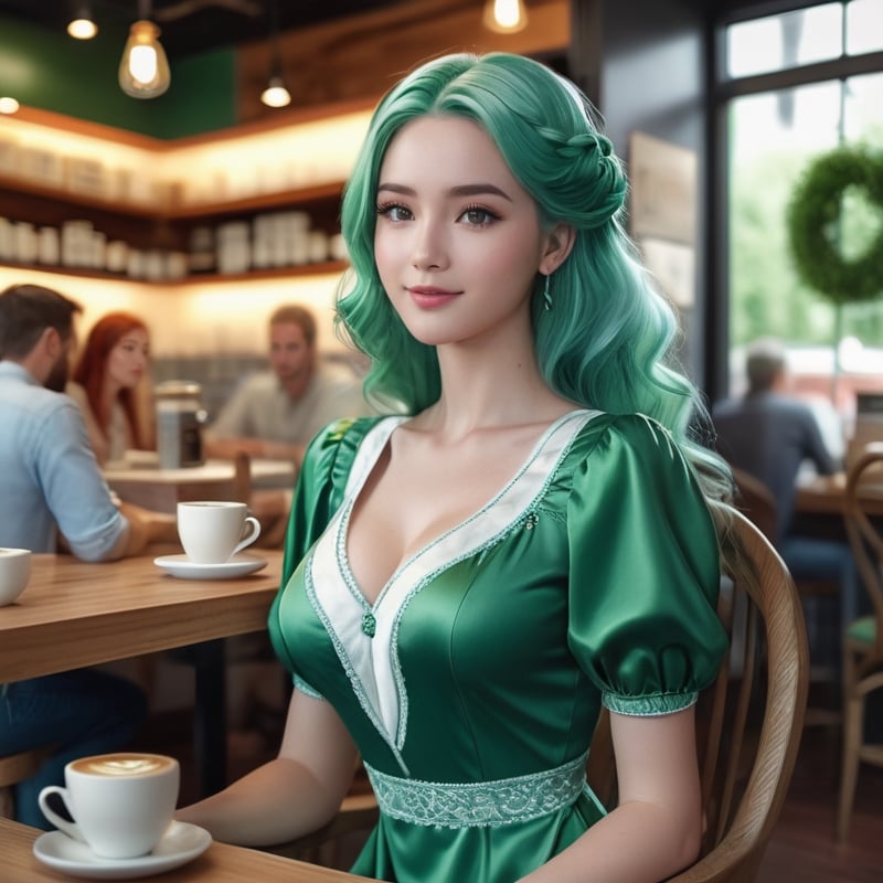 (((masterpiece))), ((ultrarealistic)), woman with green hair, kind blue eyes, wearing a long green dress, dress has white details, sitting down at coffee store chair, smilling.,BugCraft