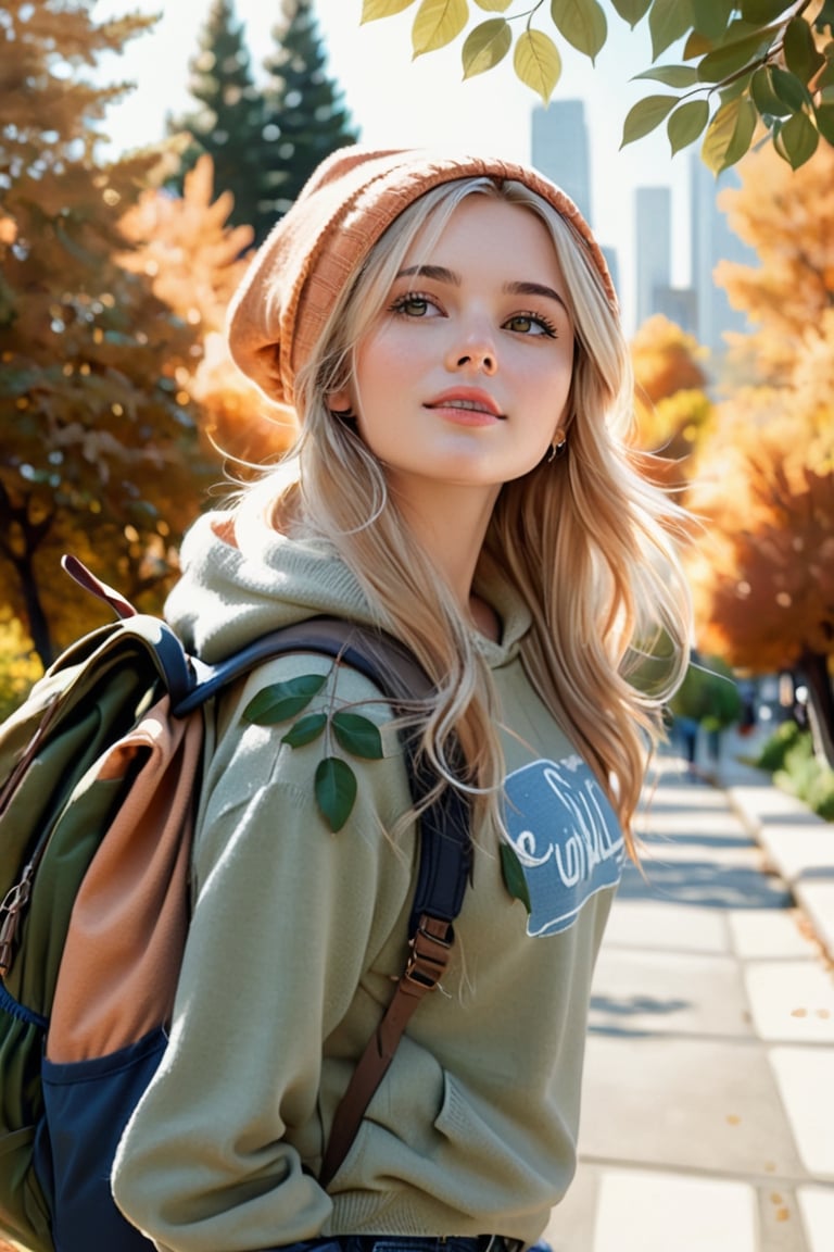 Masterpiece, Realistic, Blonde woman walking, soft smile, eyes looking to left, wearing light orange sweater and bonnet, jeans and dark grey backpack, long hair, kind eyes, korean girl, skinny girl, 20 year old, light brown tshirt, blue eyes, correct proportions behind her are green leaf trees, bluish sky, soft natural light, afternoon, american plan, portrait, very detailed, highest quality,BugCraft