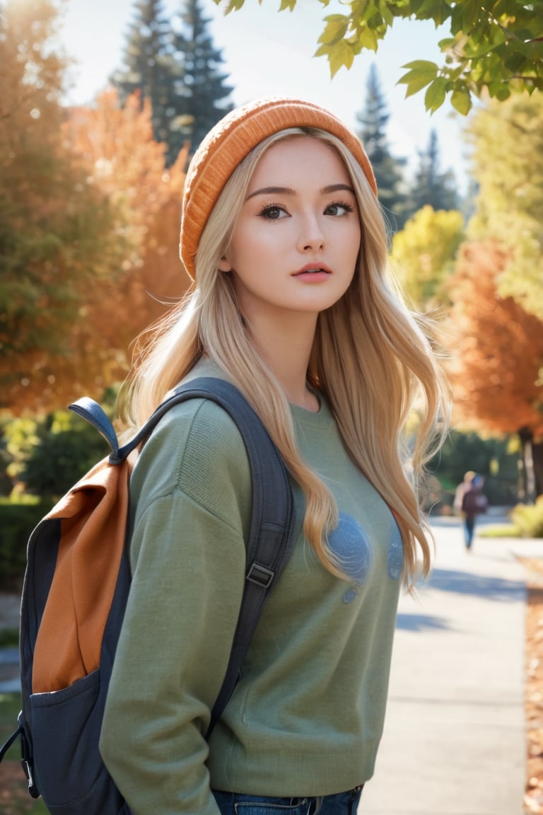 Masterpiece, Realistic, Blonde woman walking, soft smile, eyes looking to left, wearing light orange sweater and bonnet, jeans and dark grey backpack, long hair, kind eyes, korean girl, skinny girl, 20 year old, light brown tshirt, blue eyes, correct proportions behind her are green leaf trees, bluish sky, soft natural light, afternoon, american plan, portrait, very detailed, highest quality,BugCraft