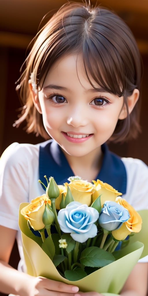 ((6year old girl:1.5)), ((Portrait)),1girl, loli, petite girl,  whole body, children's body, beautiful shining body, bangs,((darkbrown hair:1.3)),high eyes,(aquamarine eyes), petite,tall eyes, beautiful girl with fine details, ((Beautiful and delicate eyes,Beautiful eyes:1.4)), detailed face, natural light,((realism: 1.2 )), dynamic far view shot,cinematic lighting, perfect composition, by sumic.mic, ultra detailed, official art, masterpiece, (best quality:1.3), reflections, extremely detailed cg unity 8k wallpaper, detailed background, masterpiece, best quality , (masterpiece), (best quality:1.4), (ultra highres:1.2), (hyperrealistic:1.4), (photorealistic:1.2), best quality, high quality, highres, detail enhancement, ((very short hair:1.4)),
((tareme,animated eyes, big eyes,droopy eyes:1.2)),((random expression)),,random Angle,((school uniform:1.4)),((thick eyebrows:1.1)),perfect,((manga like visual)),((little girl with a bouquet of flowers:1.4)),perfect light, ((light smile:1.4))