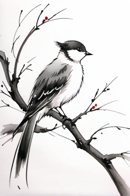 simple background, white background, monochrome, no humans, bird, traditional media, spot color, animal focus, chinese art painting watercolors,