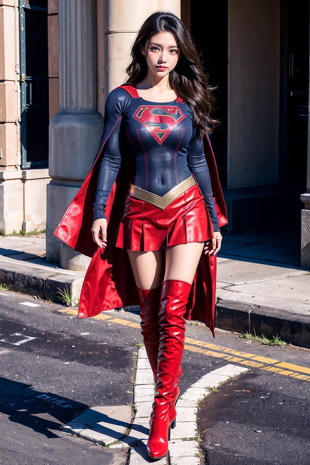 1girl, long black hair,supergirl,wearing Supergirl's blue tight uniform,perfect,red Boots higher than knees,Red miniskirt,Red long cape,full body,Bright colors,Bright red Boots, red miniskirt,Huge chest,Boots over the knee,Clothes are tied to skirts,Red miniskirt,Female model posen,Red over-the-knee pointed high-heeled boots,full body,running in the middle of the road,full body,tall girl,long boots,Red long cape,Boots longer than legs,Chinese supergirl,18years old,Don't show belly,Extremely long tip boots,red skirt,full body,supergirl's tight suit,Don't show knees,Knees wrapped in boots,strong girl,Pointy high-heeled boots,thin high heels,Uniforms and skirts are connectedUniforms and skirts are connected,Don't show your stomach,red skirt