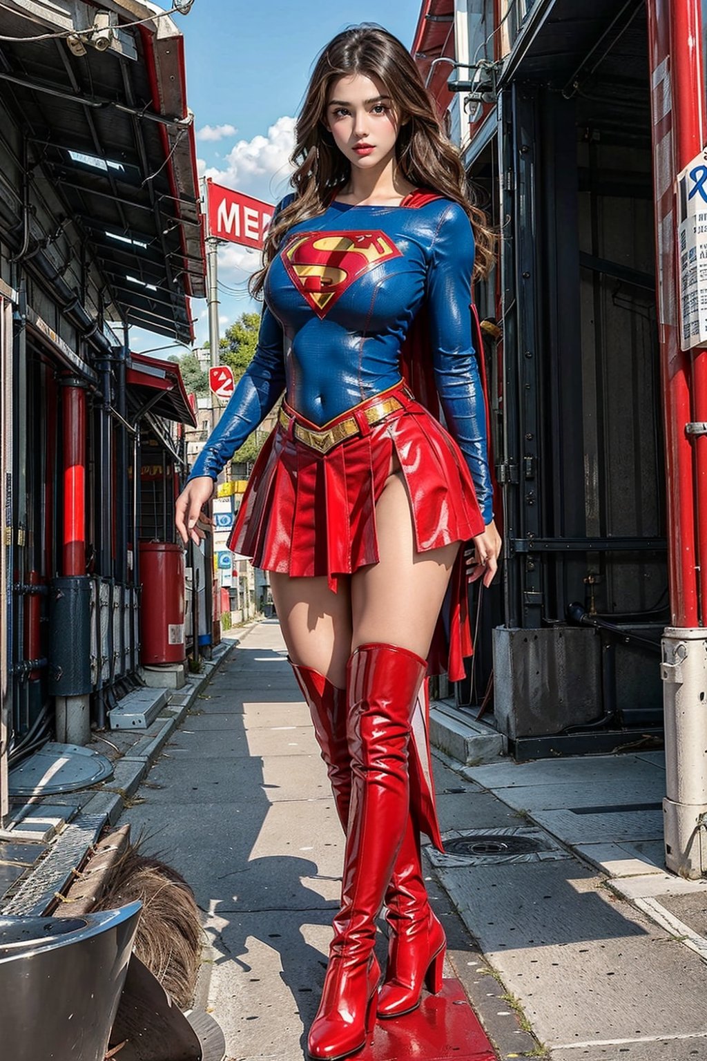 1girl, long black hair,supergirl,wearing Supergirl's blue tight uniform,perfect,red Boots higher than knees,Red miniskirt,Red long cape,full body,Bright colors,Bright red Boots, red miniskirt,Huge chest,Boots over the knee,Clothes are tied to skirts,Red miniskirt,Female model posen,Red over-the-knee pointed high-heeled boots,full body,running in the middle of the road,full body,tall girl,long boots,Red long cape,Boots longer than legs,Chinese supergirl,18years old,Don't show belly,Extremely long tip boots,red skirt,full body,supergirl's tight suit,Don't show knees,Knees wrapped in boots,strong girl,Pointy high-heeled boots,thin high heels,Uniforms and skirts are connectedUniforms and skirts are connected,Don't show your stomach,red skirt,full body,Extra long red boots,Golden Supergirl Belt,One-piece tight uniform
,Show the outline of the muscles,Red miniskirt and long cape,Boots must be over the knee,Integrated coats,Golden Supergirl Belt,Red miniskirt,Full of muscles,Tall and strong,Sexy,Full of muscle beauty,red dress,The skirt must be red.