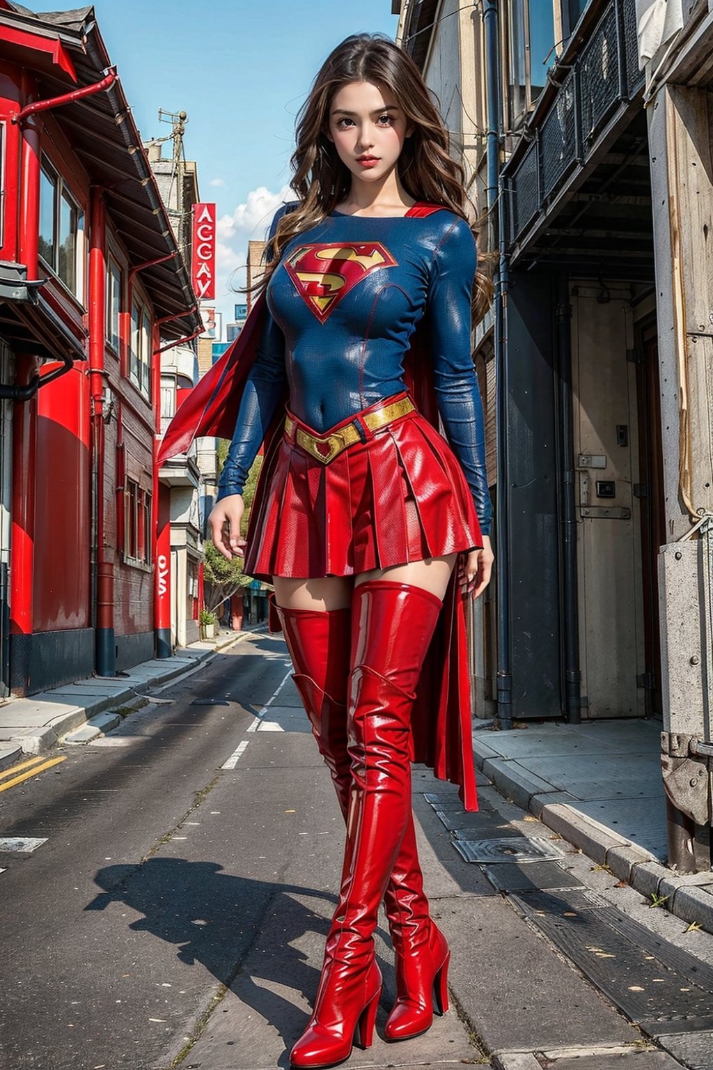 1girl, long black hair,supergirl,wearing Supergirl's blue tight uniform,perfect,red Boots higher than knees,Red miniskirt,Red long cape,full body,Bright colors,Bright red Boots, red miniskirt,Huge chest,Boots over the knee,Clothes are tied to skirts,Red miniskirt,Female model posen,Red over-the-knee pointed high-heeled boots,full body,running in the middle of the road,full body,tall girl,long boots,Red long cape,Boots longer than legs,Chinese supergirl,18years old,Don't show belly,Extremely long tip boots,red skirt,full body,supergirl's tight suit,Don't show knees,Knees wrapped in boots,strong girl,Pointy high-heeled boots,thin high heels,Uniforms and skirts are connectedUniforms and skirts are connected,Don't show your stomach,red skirt,full body,Extra long red boots,Golden Supergirl Belt,One-piece tight uniform
,Show the outline of the muscles,Red miniskirt and long cape,Boots must be over the knee,Integrated coats,Golden Supergirl Belt,Red miniskirt,Full of muscles,Tall and strong,Sexy,Full of muscle beauty,red dress,The skirt must be red.