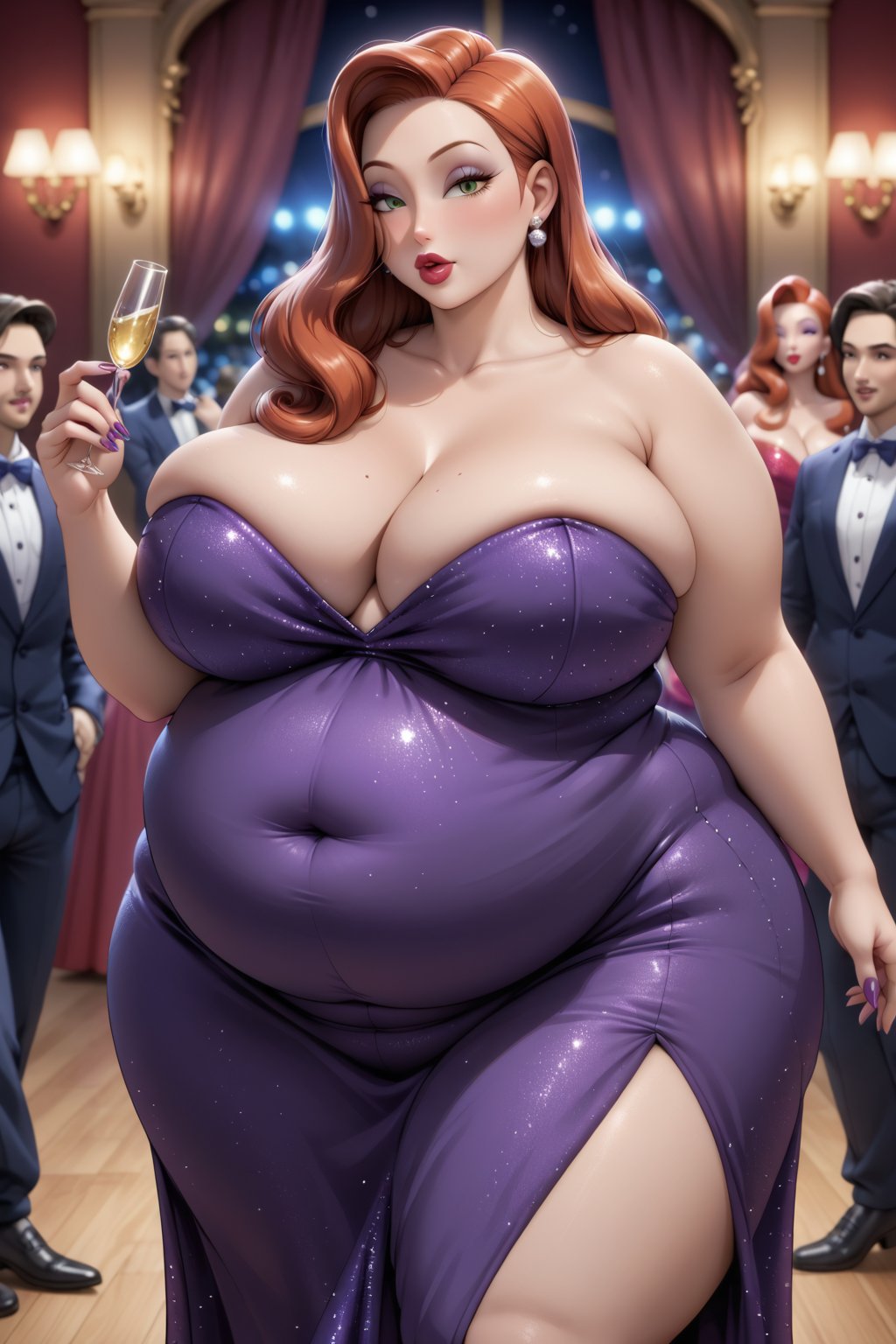 Highest quality, gorgeous voluptuous Jessica Rabbit, morbidly obese, plump,  bloated belly, (luscious lips), fancy dinner party, long formal slit dress, 