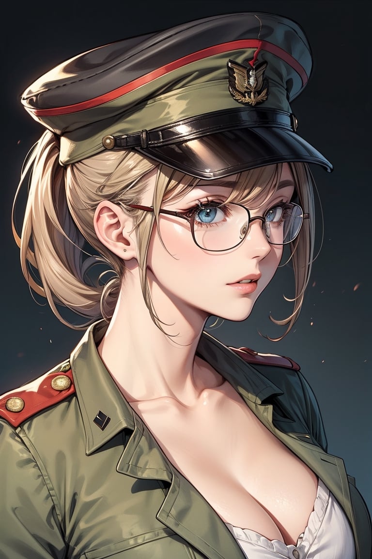 mature strong female, military uniform, neckline, glasses, brown ponytail, military hat,