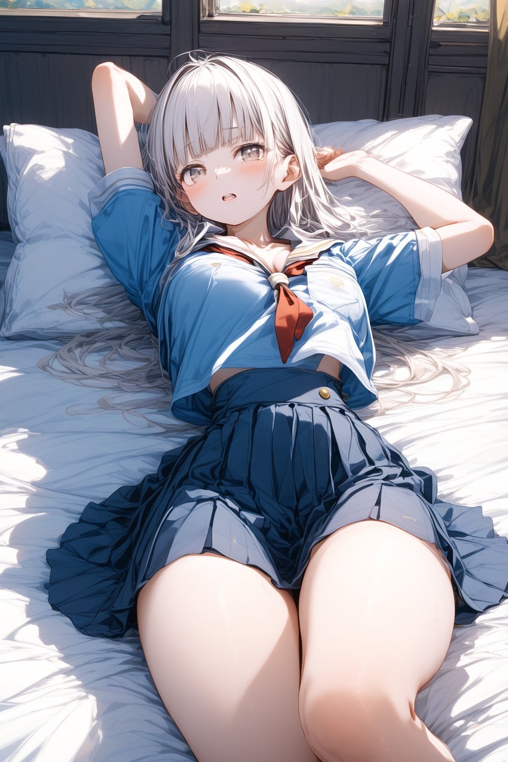 (skinny, thin waist, curvy legs, lying on bed, arms up,) girl, window open, white school uniform, miniskirt, neckline, curvy legs, embarassed, long white hair, blunt bangs, gray eyes, arms up,