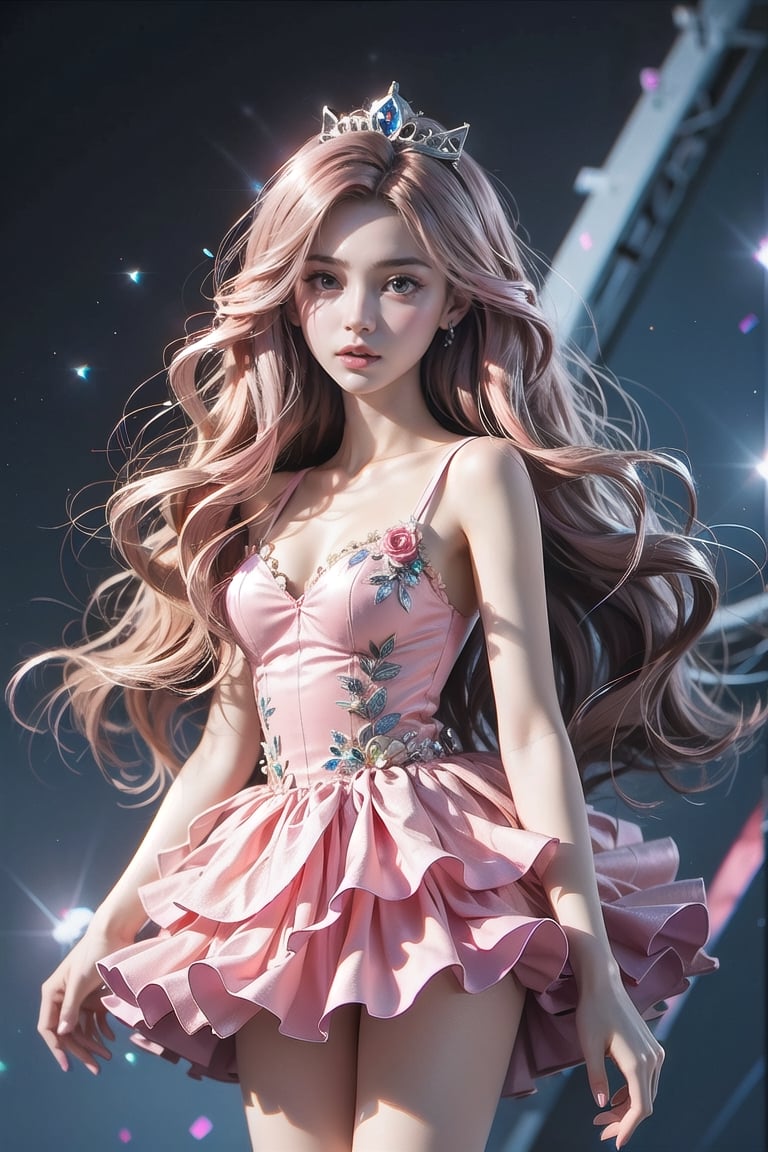 Pink Lady, Barbie style. Sparkling deep blue sapphire eyes, (long pink hair 1.8), fair skin, ball gown, wearing pink tutu, pink tutu, princess, princess dress, standing, sparkling bright eyes 01
