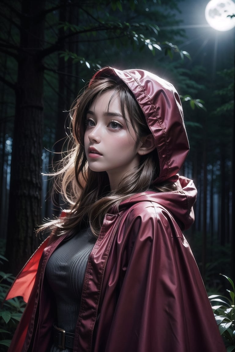 (profile picture), close up portrait, dark night forest. A woman wears a red hooded cloak and a black dress underneath. Weird moonlight, volumetric lights, high dynamic range, standing.