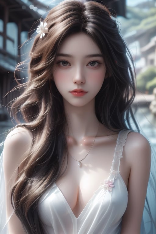 1girl, solo, long hair, looking at viewer, smile, brown hair, hair ornament, dress, brown eyes, jewelry, sitting, braid, flower, outdoors, barefoot, hair flower, water, necklace, white dress, blurry, lips, wet, see-through, single braid, depth of field, blurry background, freckles, realistic,wanjian,hmmikasa,Asia