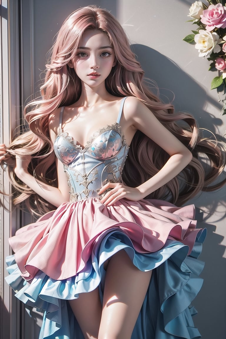 Pink Lady, Barbie style. Thin hourglass frames, sparkling deep blue sapphire eyes, long flowing pink hair, fair skin, tutu wedding dress, wearing pink tutu wedding dress to prom, pink tutu wedding dress, tutu wedding dress , on back, shushing, stare, sparkling eyes 01