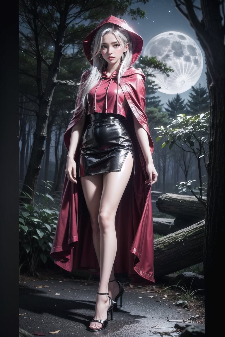 (half-length photo), (in the dark night forest), (20-year-old Witch of the East), (serious expression), (long white hair), (wearing red hooded cloak 1.5), (black tight skirt 1.5), (high heels 1.2), (Strange Moonlight), (Volume Light), (High Dynamic Range),